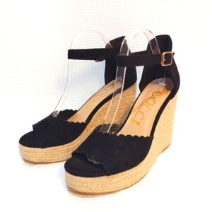 CCOCCI Jessie Espadrilles Wedge Sandal Black Suede Like w/ Ankle Buckle Strap